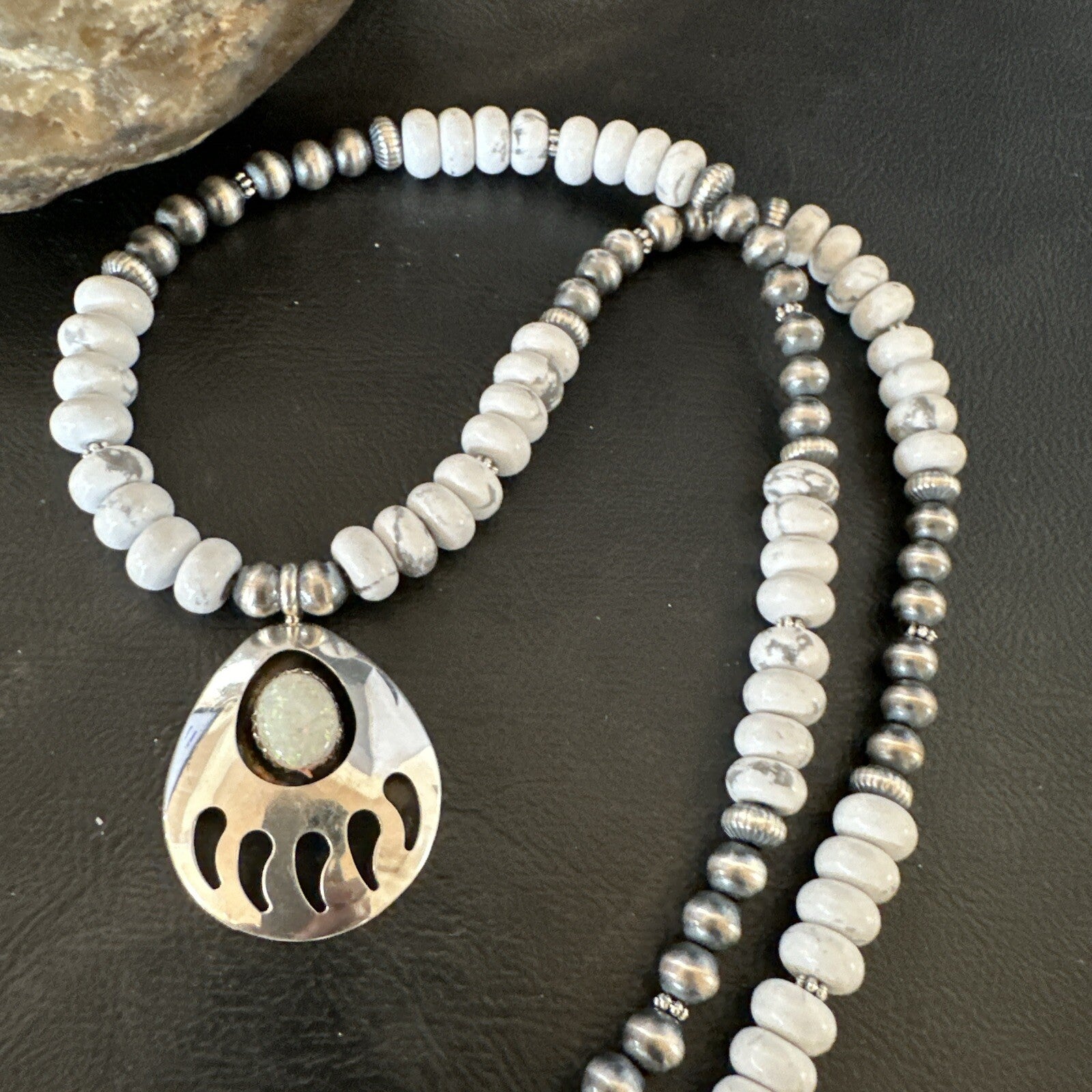 Mens White Opal BearPaw Pendant Navajo Howlite Sterling Silver Necklace 17884