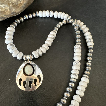 Mens White Opal BearPaw Pendant Navajo Howlite Sterling Silver Necklace 17884