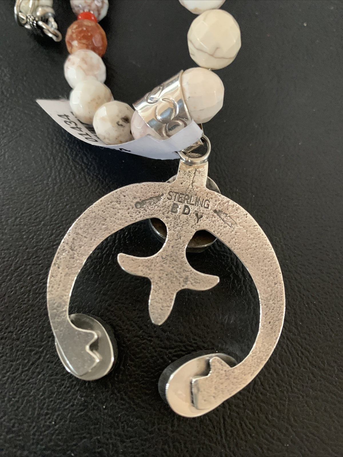 White Buffalo Turquoise Coral Naja Pendant Navajo Sterling Silver Necklace 01434