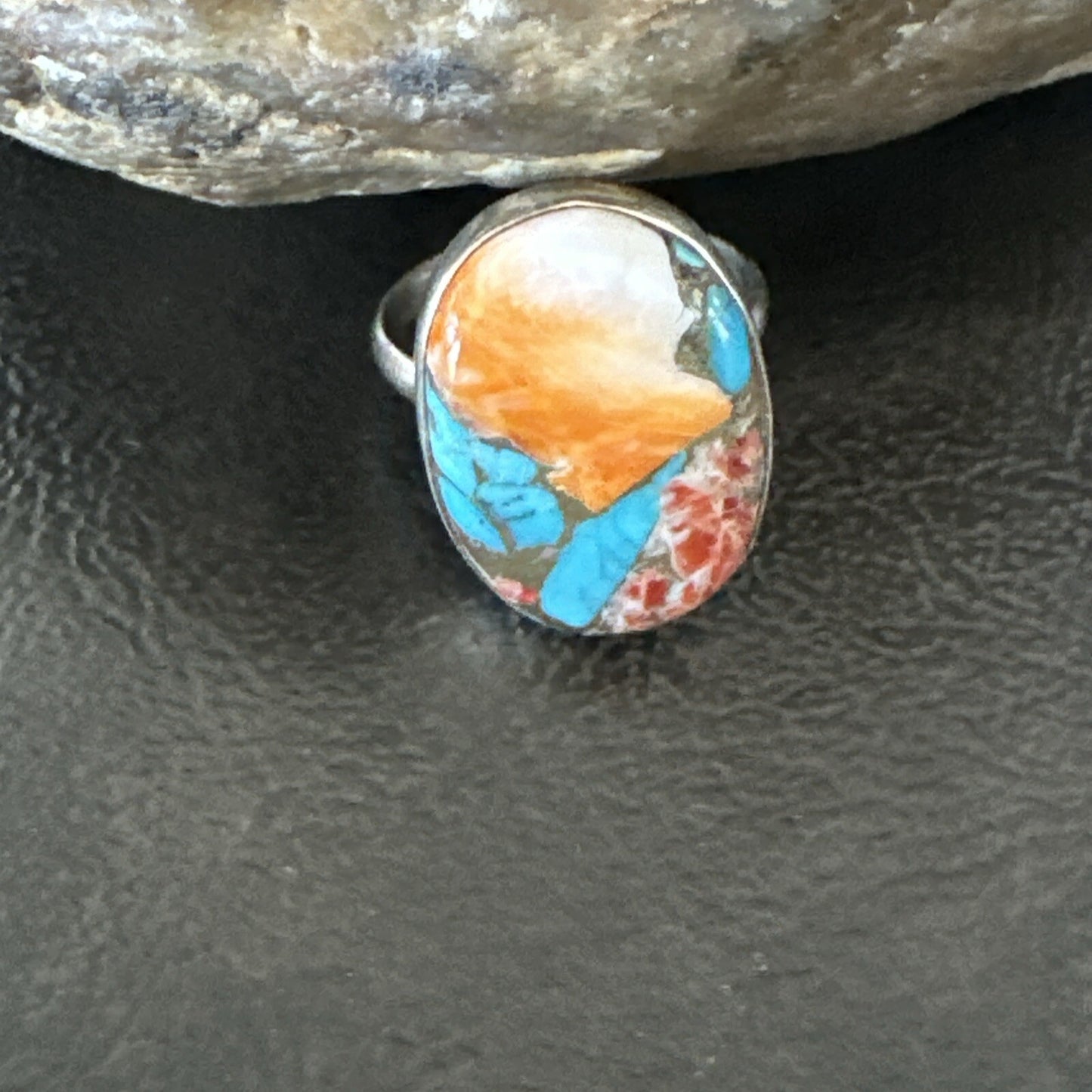 Blue Turquoise Spiny Oyster Navajo Sterling Silver Ring Size 8 18233