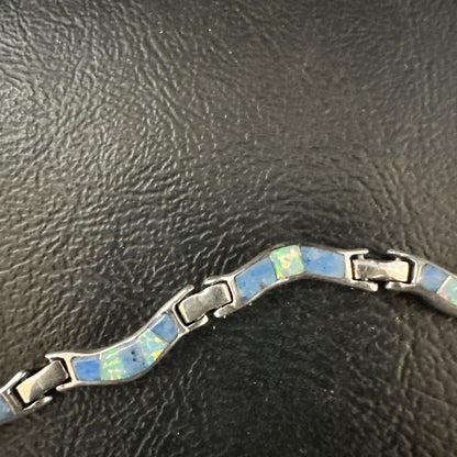 Native Womens Blue Opal Lapis Inlay Link Bracelet 7" Sterling Silver 17726