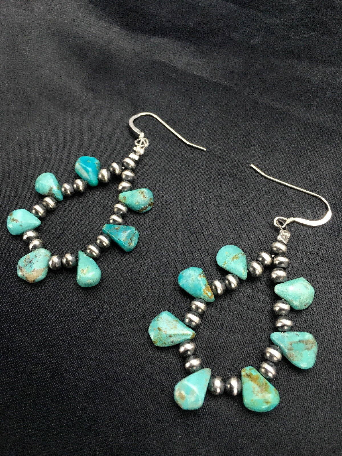 Blue Turquoise Cluster Navajo Sterling Silver Earrings 2" 02971