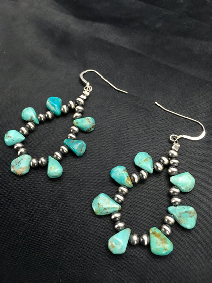 Blue Turquoise Cluster Navajo Sterling Silver Earrings 2" 02971