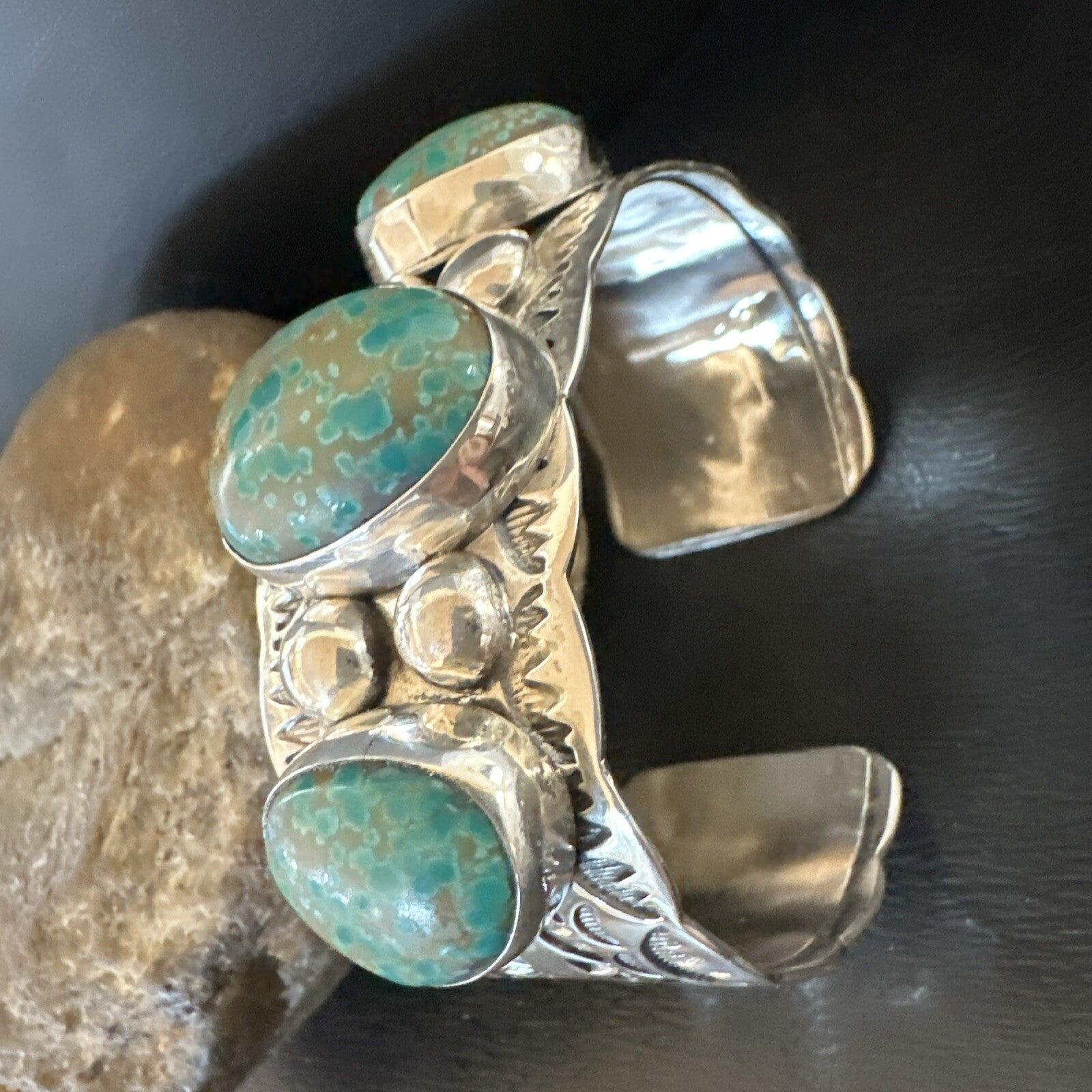 Navajo Green Royston TURQUOISE Stamped Sterling Silver Cuff Bracelet 17943