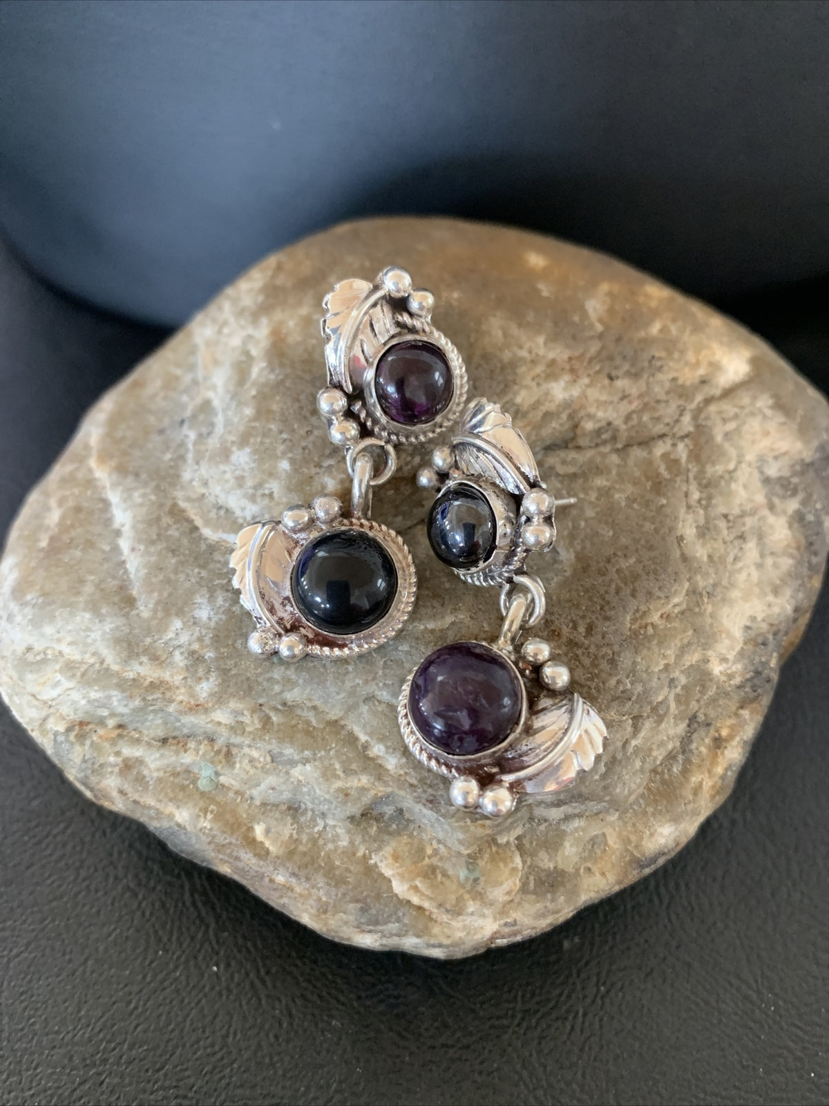 Native Navajo Sterling Silver  Purple Stone Post Dangle Earrings 1595