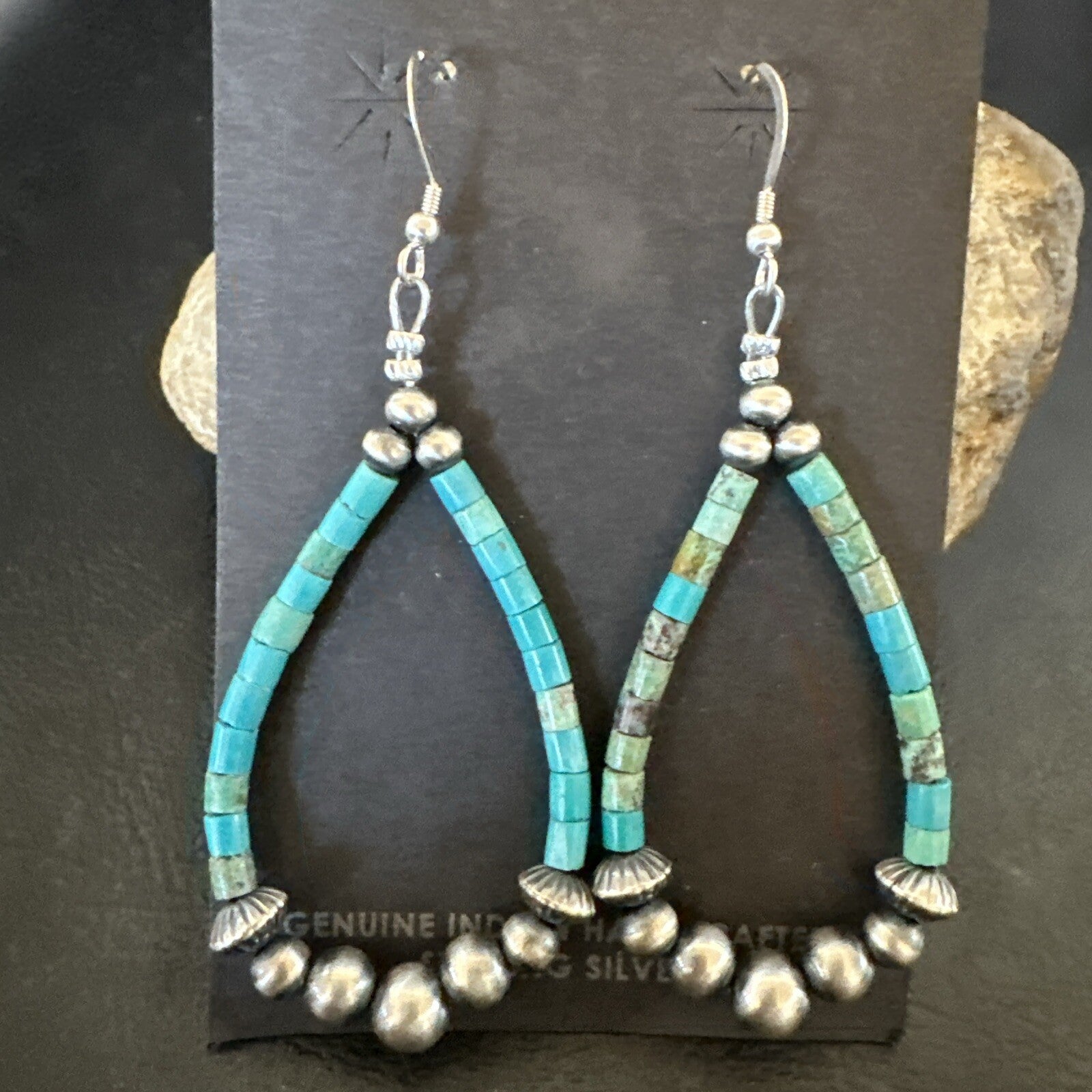 Blue Turquoise Heishi Sterling Silver Beads Navajo Beads Earrings 2" 17873