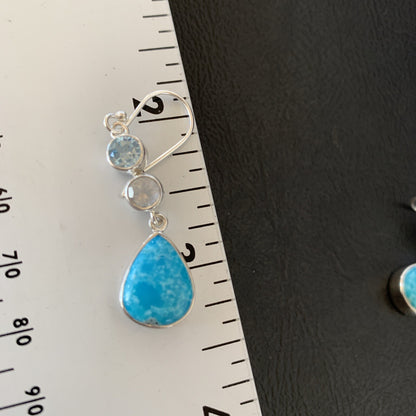 Blue Kingman Turquoise & Topaz Navajo Sterling Silver Dangle Earrings 11590