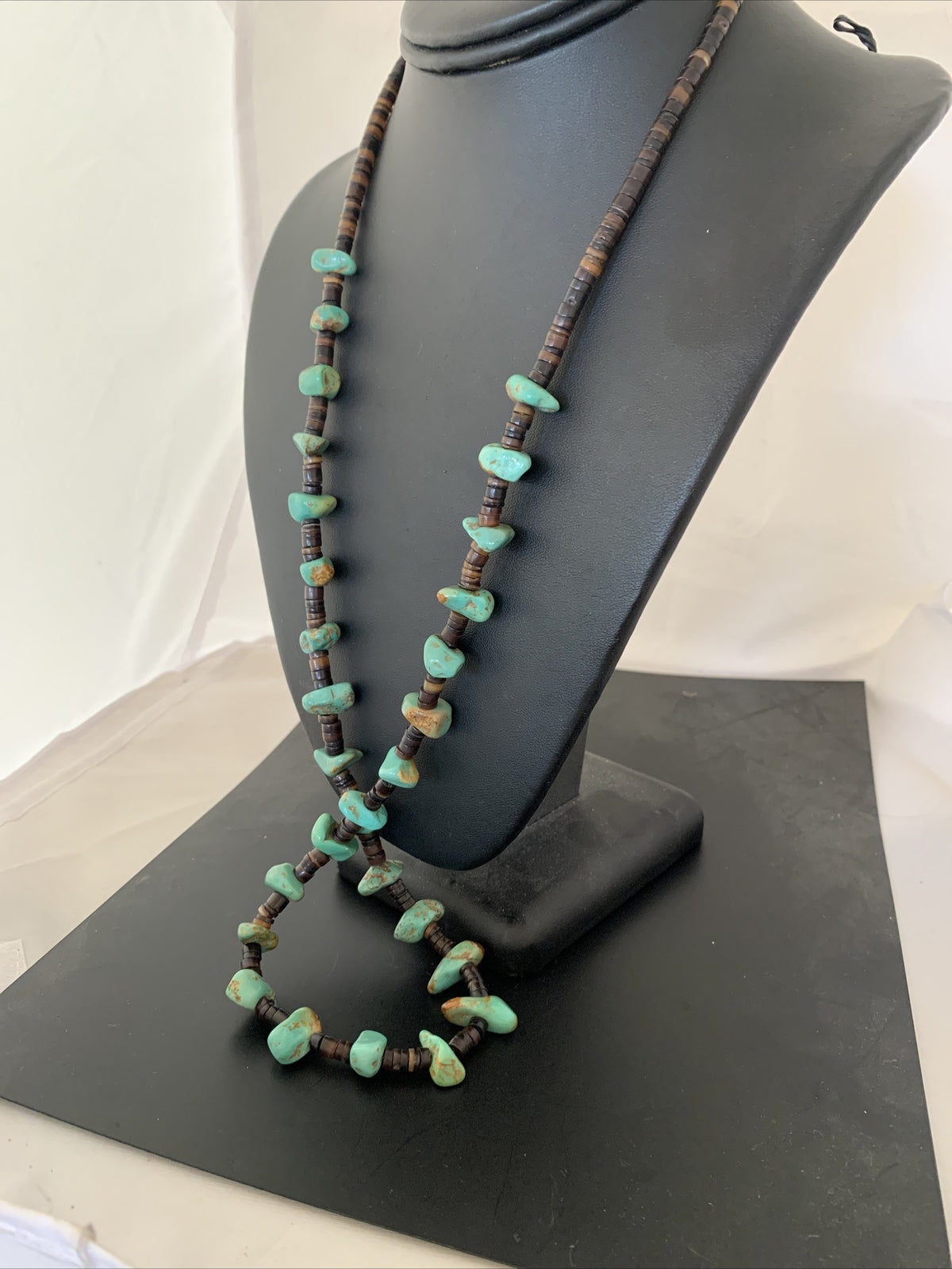 Native Navajo 30" Turquoise Shell Heishi Sterling Silver Bead Necklace 00764
