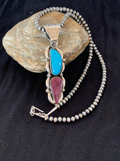 Kingman Turquoise & Spiny Oyster Pendant Navajo Sterling Silver Necklace 04576