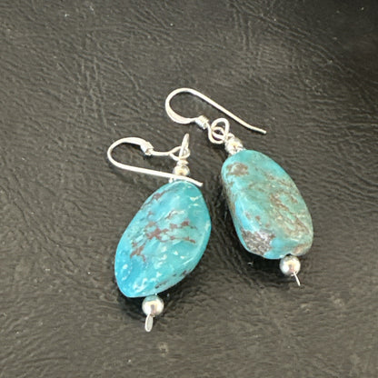 Blue Turquoise Nugget Sterling Silver Beads Earrings 1" 17867