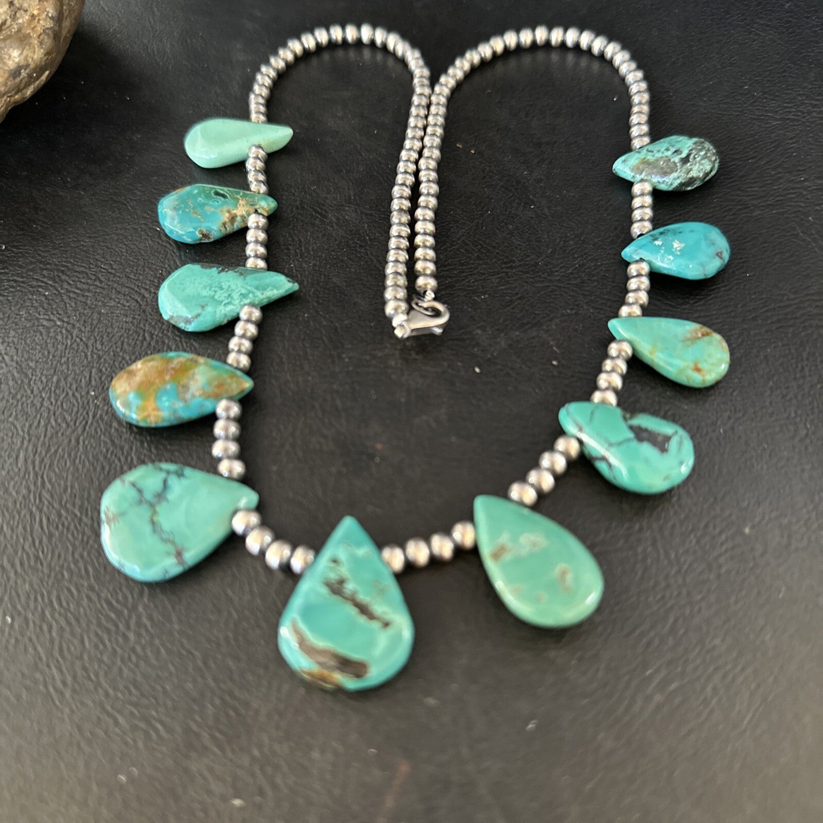 Blue Turquoise Teardrop Navajo Pearls Sterling Silver Necklace 14391
