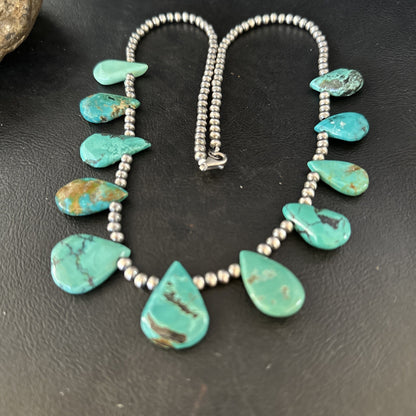 Blue Turquoise Teardrop Navajo Pearls Sterling Silver Necklace 14391