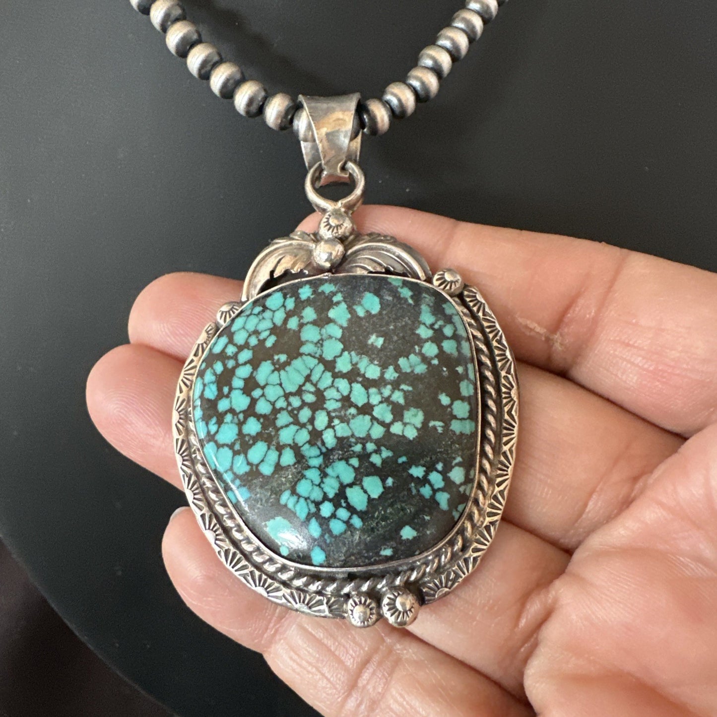 WoMens Navajo Sterling Silver Blue Spiderweb Turquoise Necklace Pendant 19297