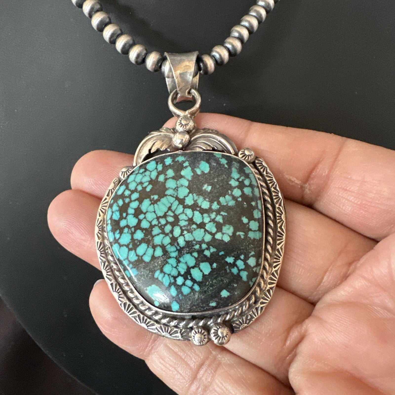 WoMens Navajo Sterling Silver Blue Spiderweb Turquoise Necklace Pendant 19297