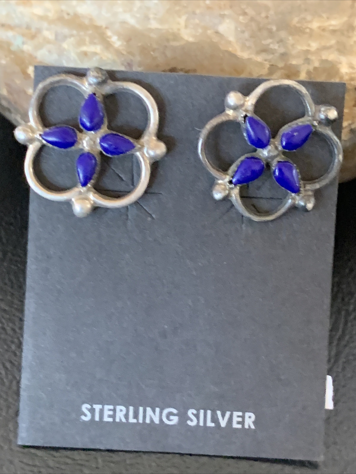 Blue Lapis Sterling Silver Multi-Stone Post Stud Inlay Earrings 0.5" 12707