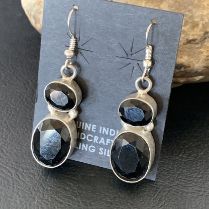 Native Black Smokey Quartz Navajo Sterling Silver Dangle Drop Earrings 12686