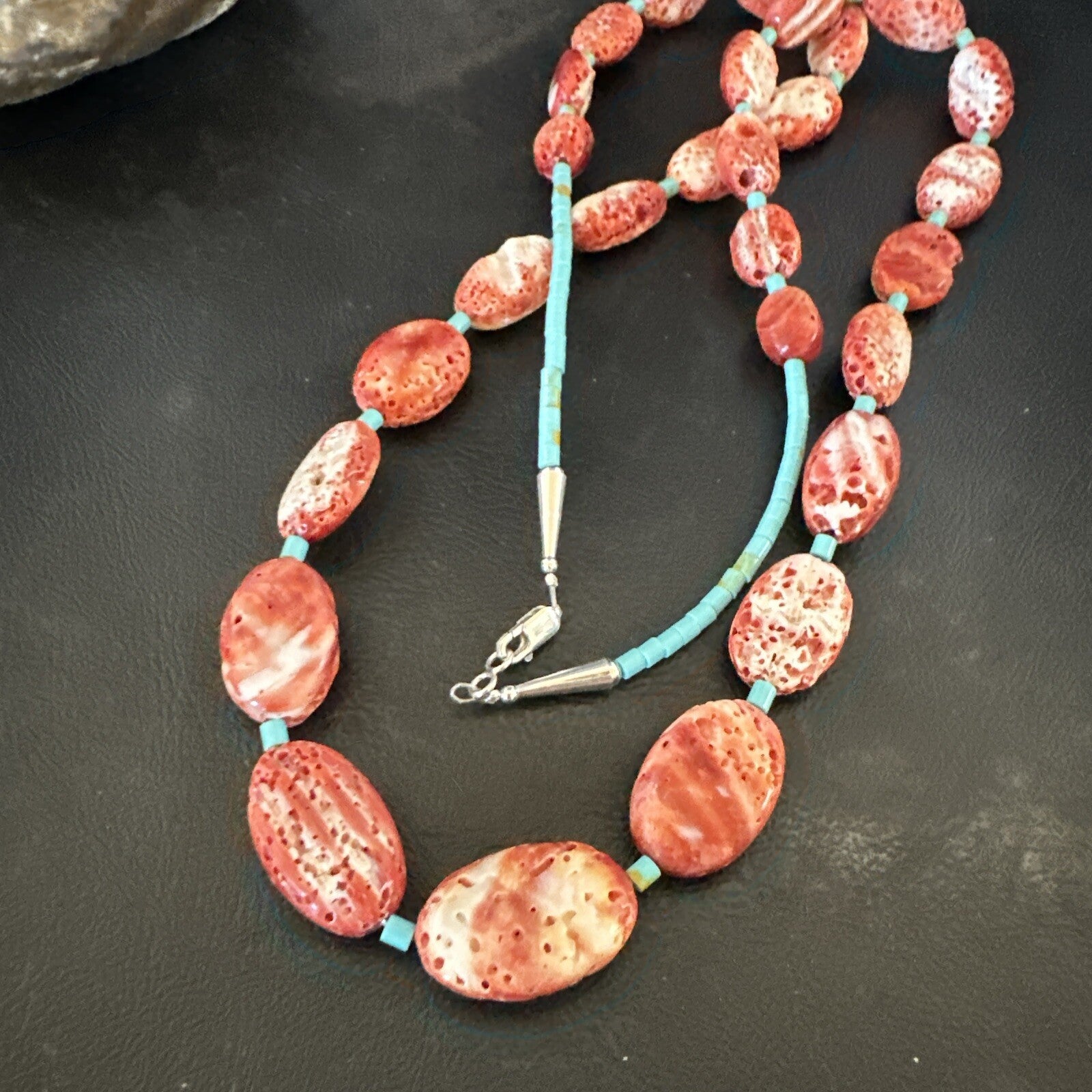 New Red Spiny Oyster Turquoise Heishi Navajo Sterling Silver Necklace 32" 17766
