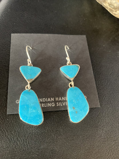 Blue Kingman Turquoise Navajo Sterling Silver Dangle Earrings 14073