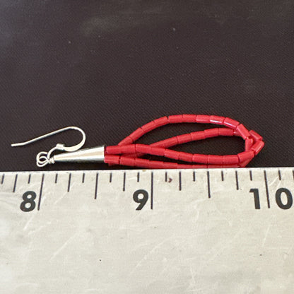 Native Red Coral Heishi Tube Liquid Sterling Silver Dangle Earrings 2" 4394