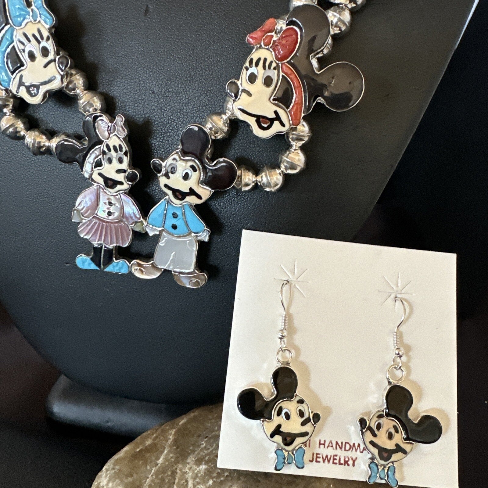 MICKEY MOUSE ZUNI TURQUOISE STERLING SILVER SQUASH BLOSSOM EARRINGS 17784