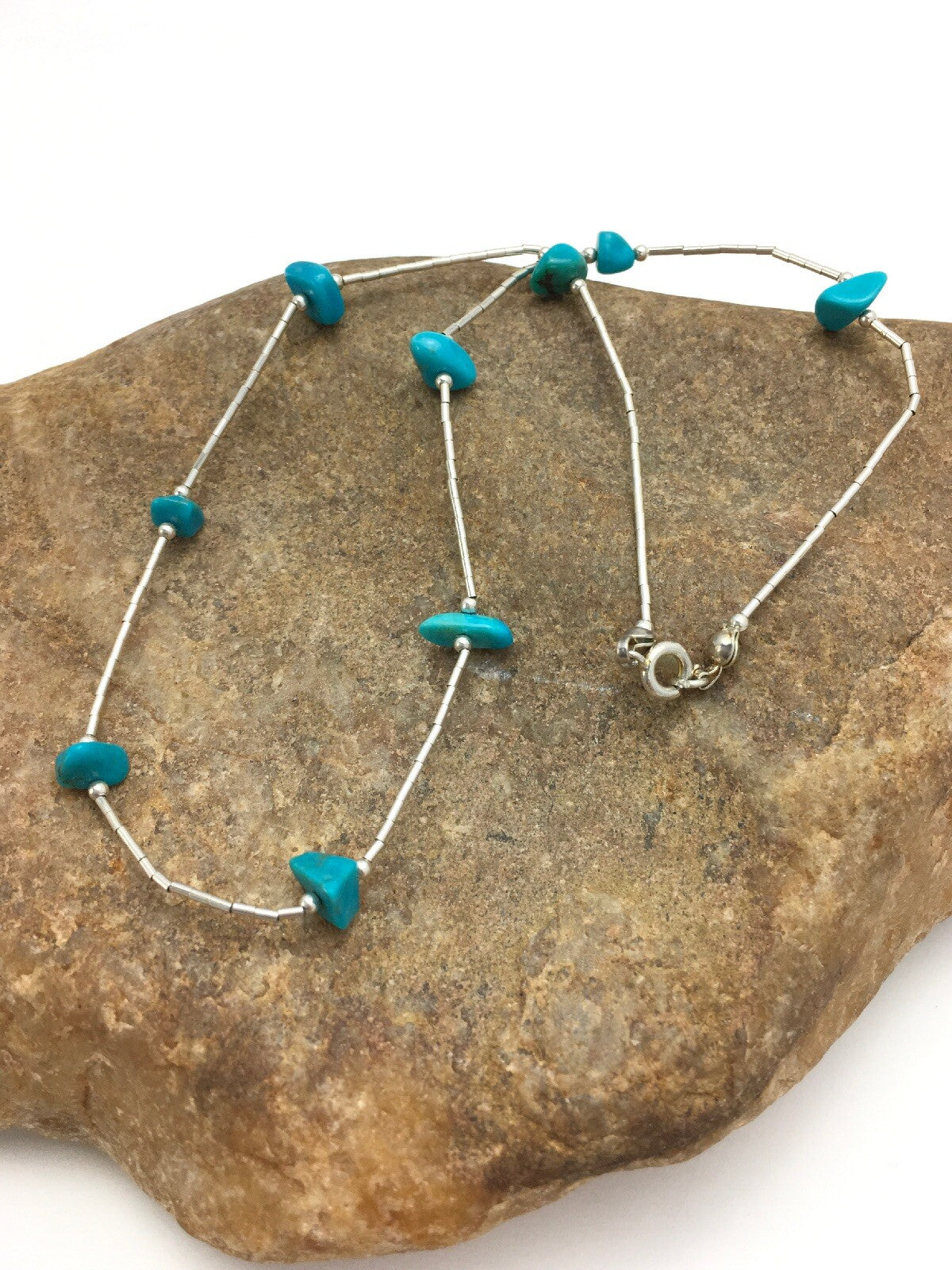 Girls Nugget Turquoise Liquid Sterling Silver Necklace 14" 02931
