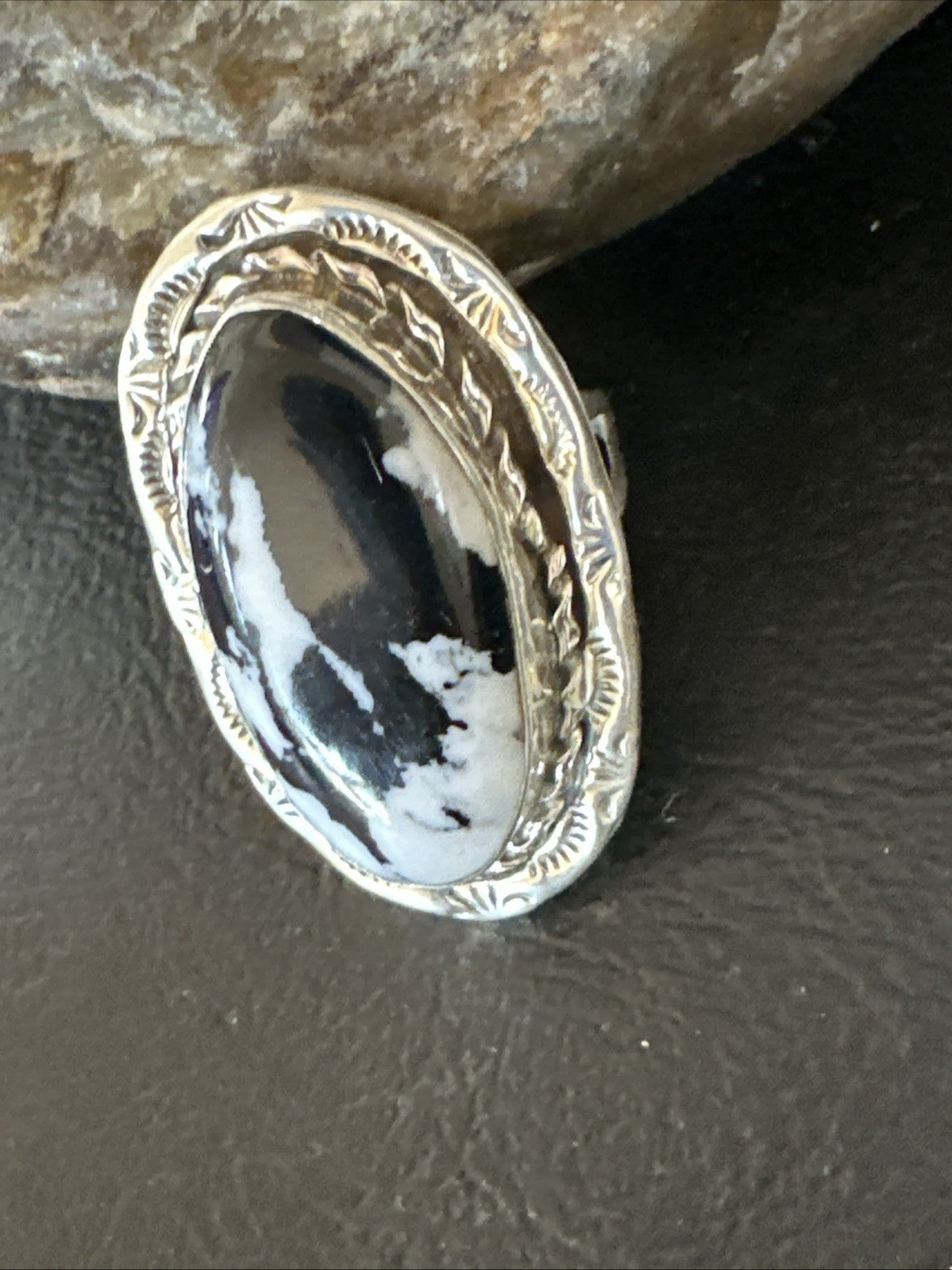 Black White Buffalo Turquoise Navajo Sterling Silver Ring Size 11 19810