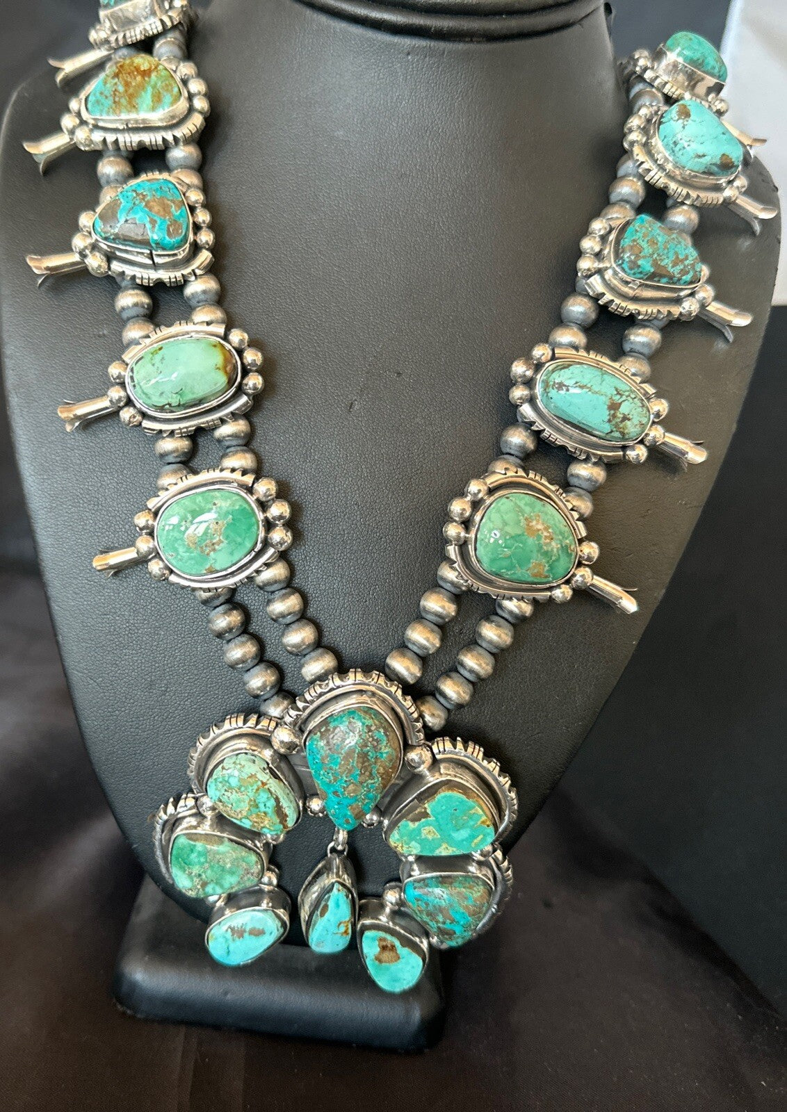 Green Royston Turquoise Navajo Squash Sterling Silver Naja Necklace 18236