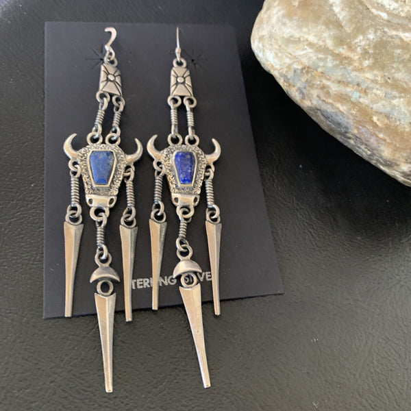 Denim Blue Lapis Lazuli Inlay Navajo Dangle Earrings | Sterling Silver | Authentic Native American Handmade | 04518