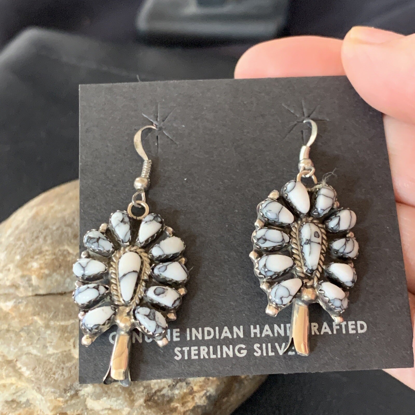Cluster Navajo White Buffalo Turquoise Sterling Silver Dangle Earrings 12837