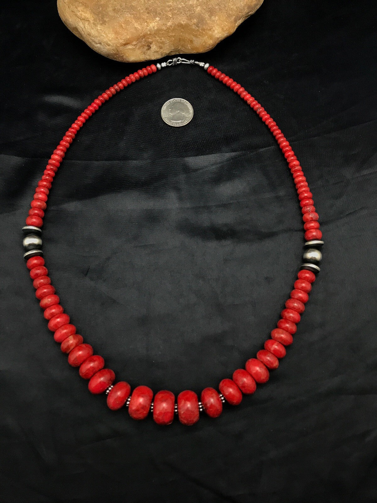 Apple Sponge Coral Graduated Bead Navajo Sterling Silver Necklace 4558