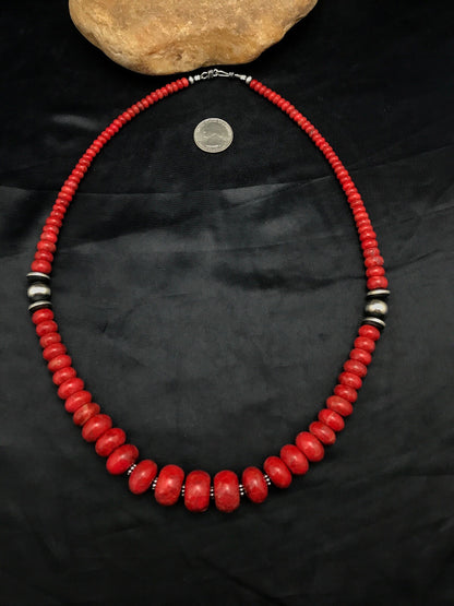 Apple Sponge Coral Graduated Bead Navajo Sterling Silver Necklace 4558