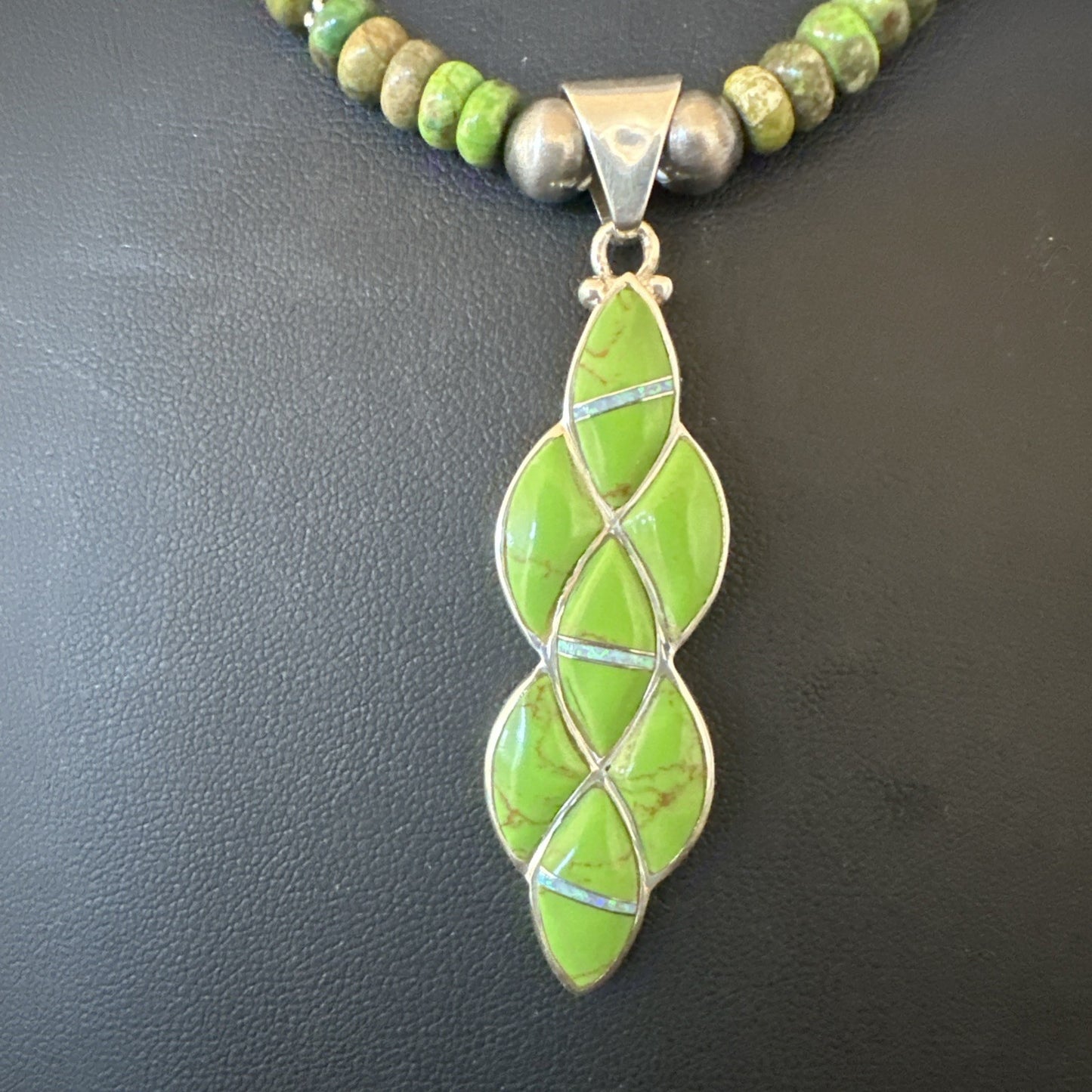 Womens Green Gaspeite Turquoise Opal Pendant Sterling Silver Necklace 19548
