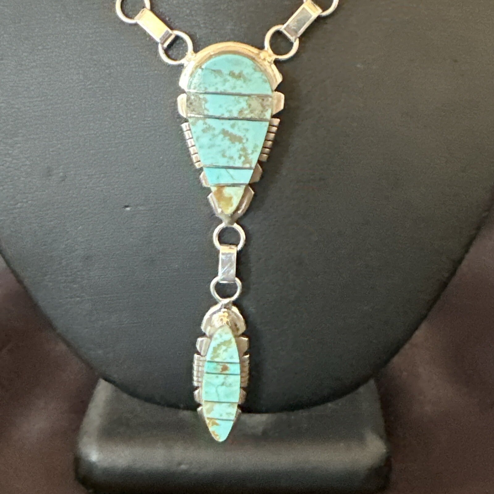 Inlay Blue Turquoise#8 Navajo Sterling Silver Lariat Necklace Earrings 24” 17770