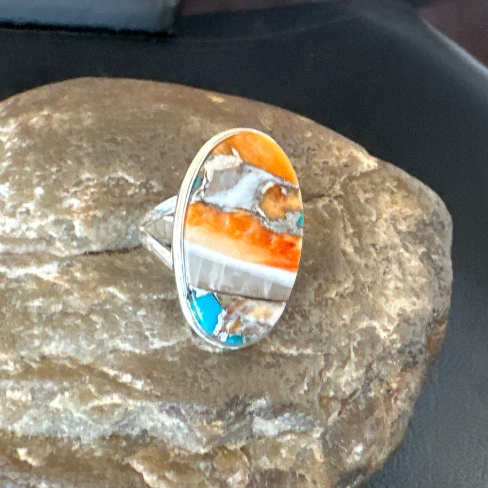 Blue Turquoise Spiny Oyster Navajo Sterling Silver Ring Size 8 18251