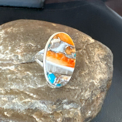 Blue Turquoise Spiny Oyster Navajo Sterling Silver Ring Size 8 18251