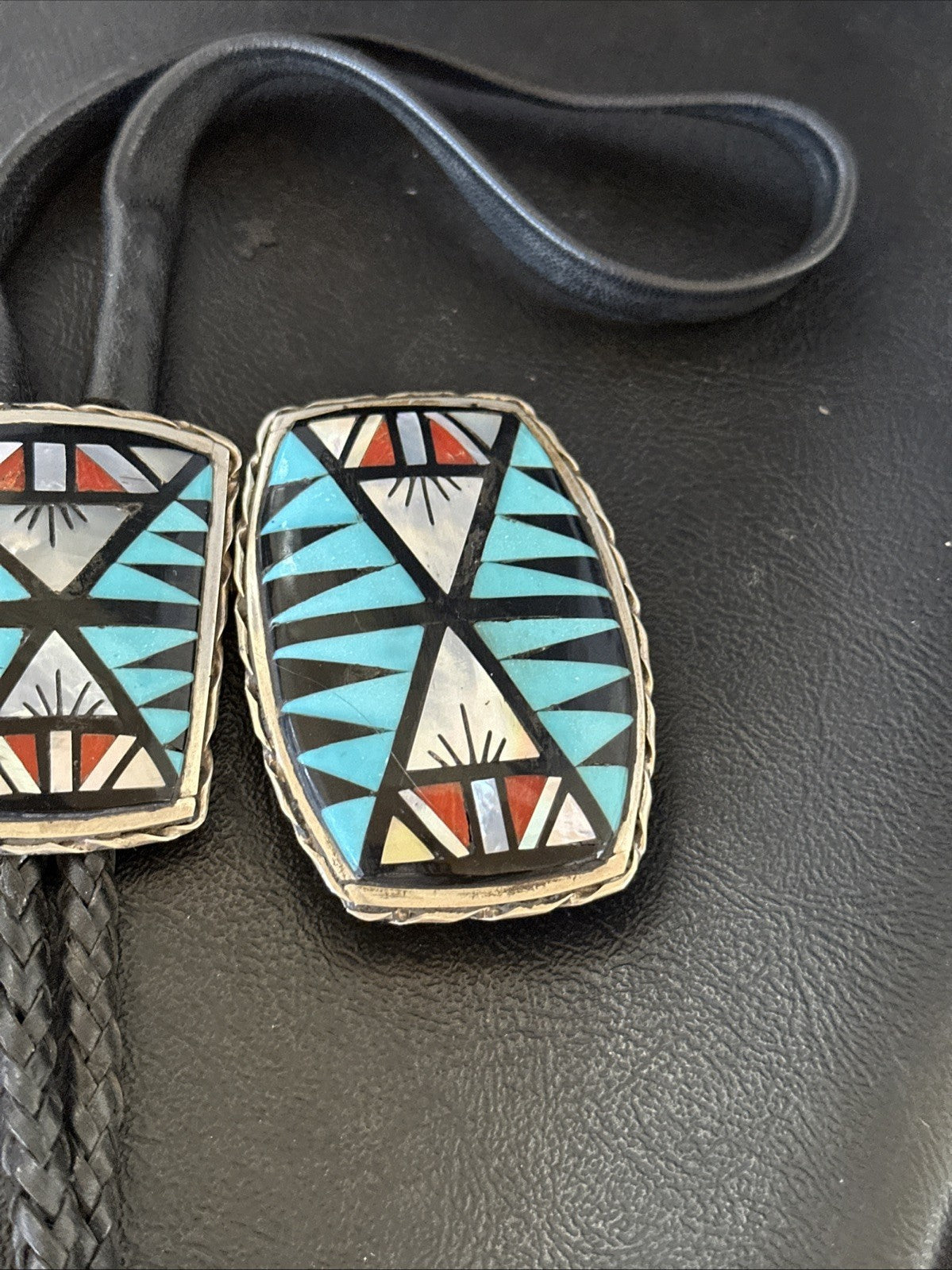 Zuni  Mens BoloTie Belt Buckle Ranger Set Turquoise Coral Sterling Silver 19155