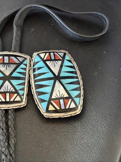 Zuni  Mens BoloTie Belt Buckle Ranger Set Turquoise Coral Sterling Silver 19155