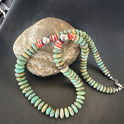 Green Turquoise Red Spiny Oyster Navajo Necklace 21" | Sterling Silver | Authentic Native American Handmade | 18360