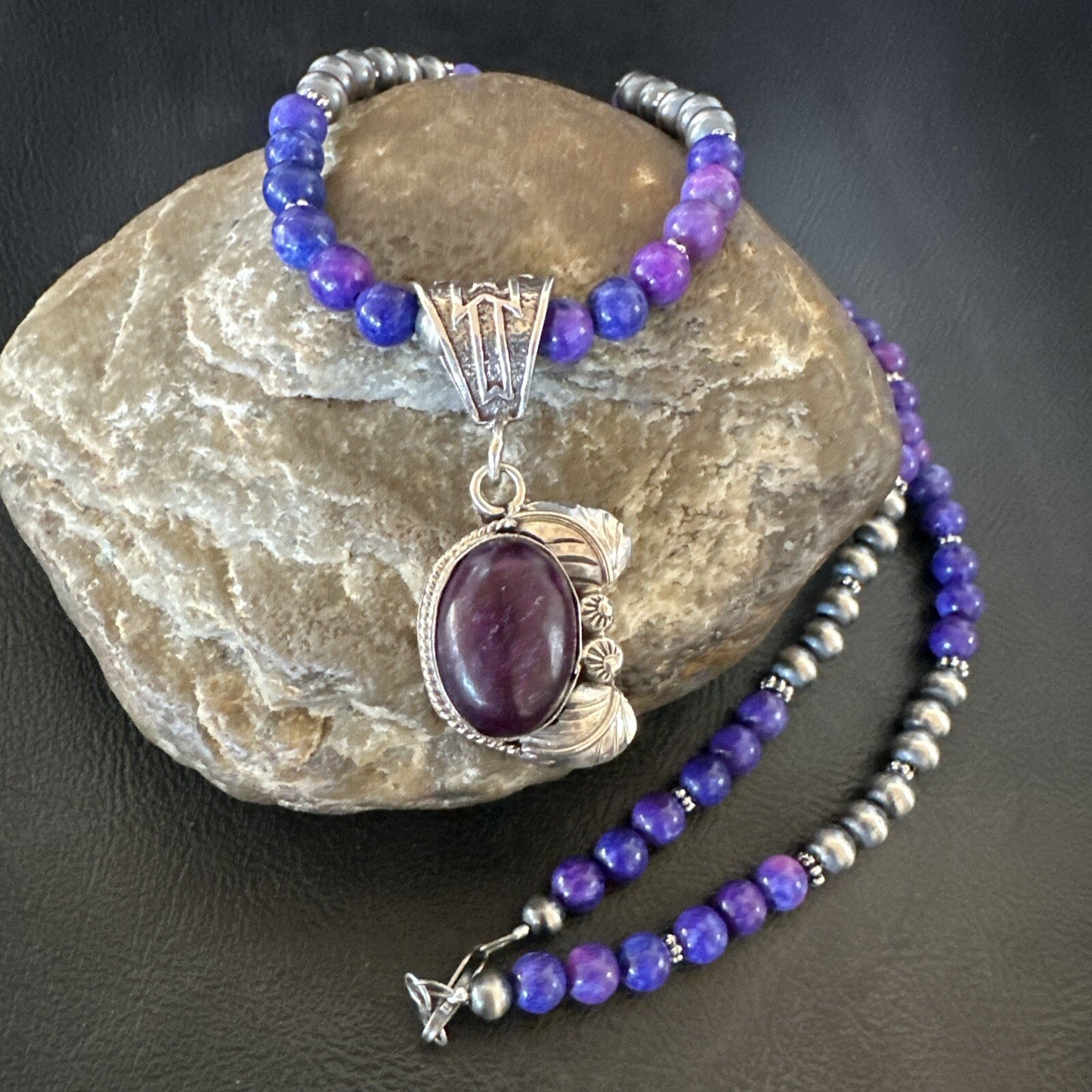 Purple Stone Pendant Navajo Pearls Sterling Silver Necklace 18389