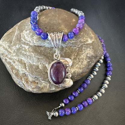 Purple Stone Pendant Navajo Pearls Sterling Silver Necklace 18389