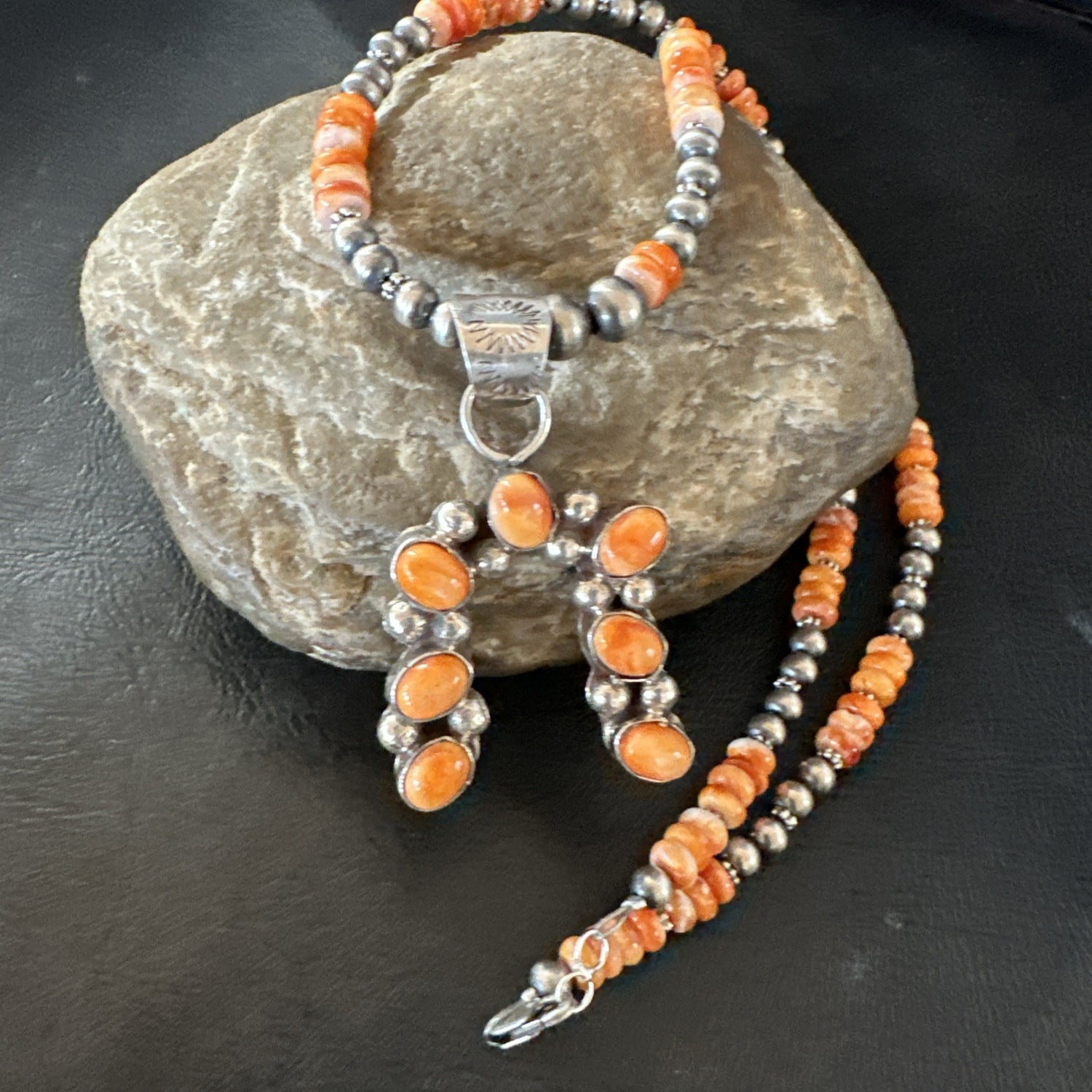 Orange Spiny Oyster Naja Pendant Navajo Pearls Sterling Silver Necklace 19669