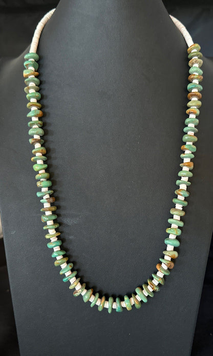 Green Royston Turquoise Shell Santo Domingo Sterling Silver Necklace 27” 19680