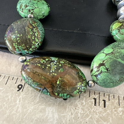Green Turquoise Nugget Navajo Pearls Sterling Silver Necklace 19533