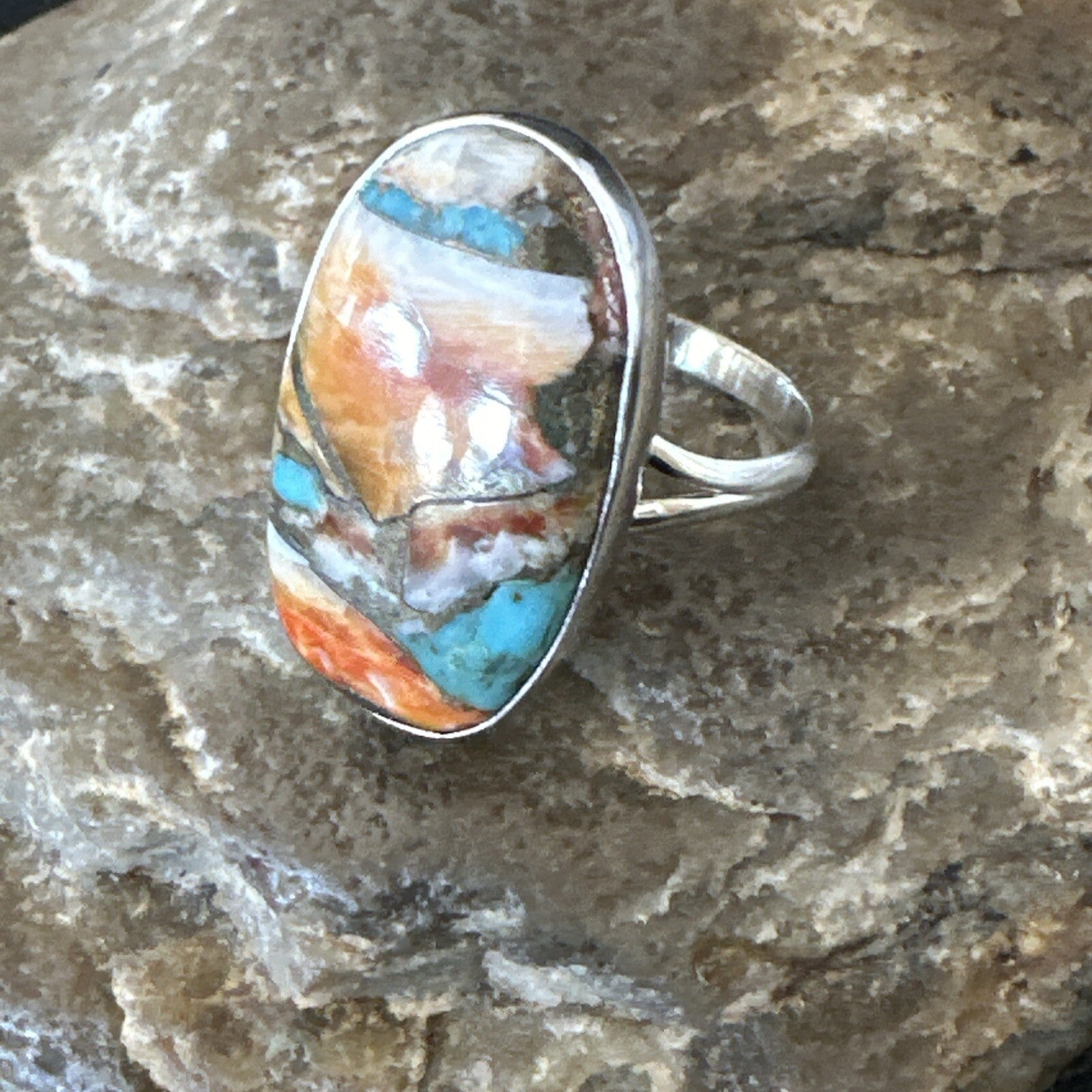 Blue Turquoise Spiny Oyster Navajo Sterling Silver Ring Size 8 18252