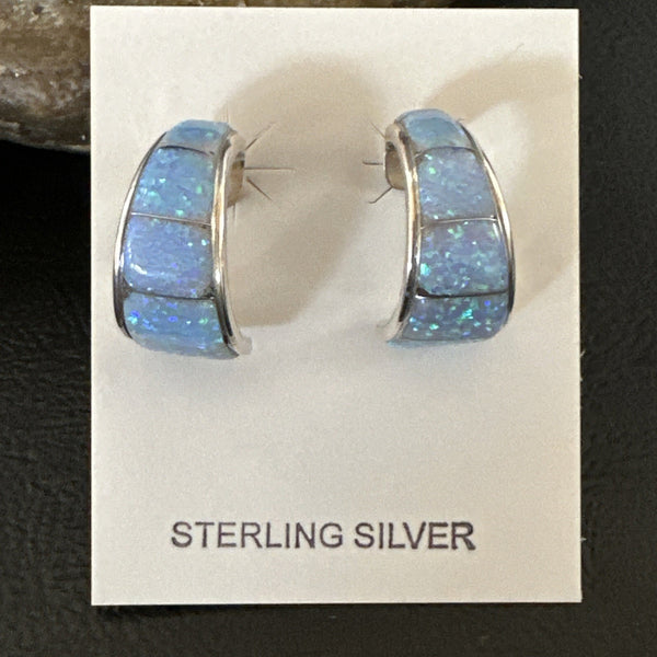 Blue Faux Opal Stud Inlay Navajo Earrings | Sterling Silver | Authentic Native American Handmade | 19261