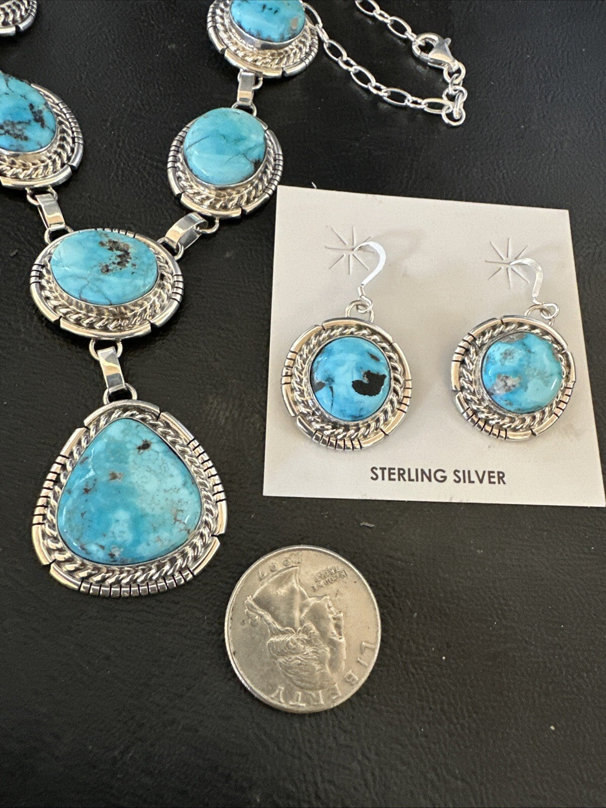 New Women Blue Kingman Turquoise Necklace Earrings Sterling Silver 19” 18620