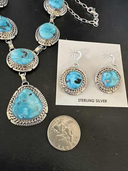 New Women Blue Kingman Turquoise Necklace Earrings Sterling Silver 19” 18620