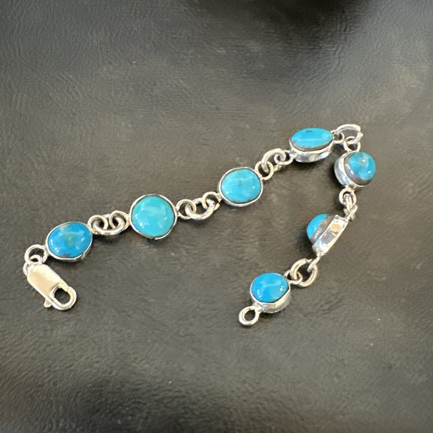 Blue Kingman Turquoise Navajo Sterling Silver Link Bracelet 7” 18299