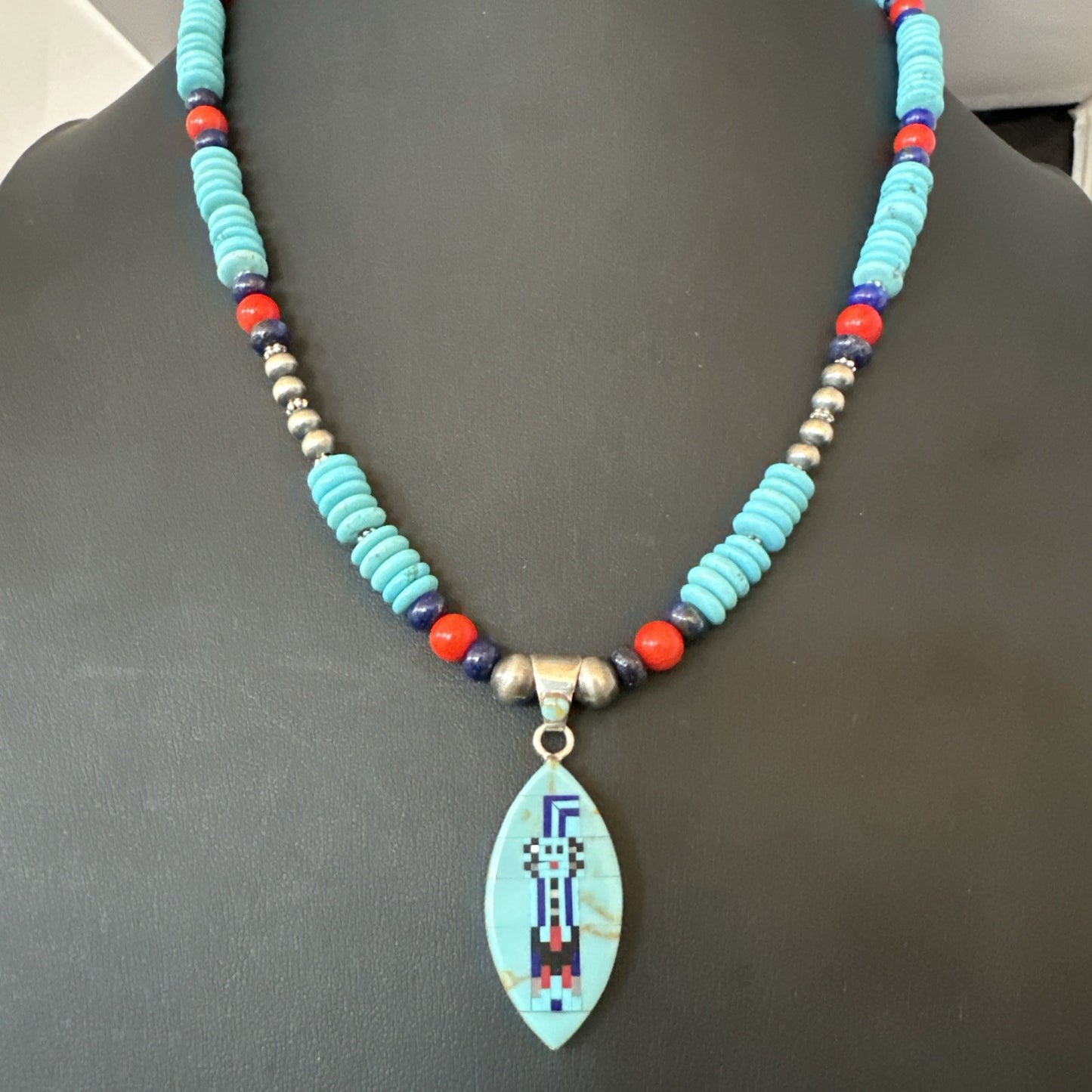 Multicolor Turquoise Coral Navajo Sterling Silver Inlay Pendant Necklace 19645