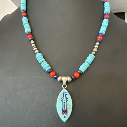Multicolor Turquoise Coral Navajo Sterling Silver Inlay Pendant Necklace 19645